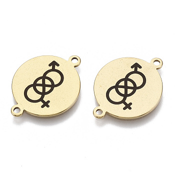 201 Stainless Steel Enamel Links connectors, for Valentine's Day, Flat Round, Black, Golden, 16x21x1mm, Hole: 1.4mm