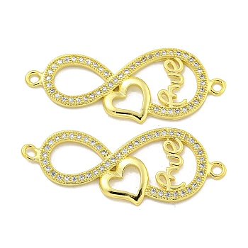 Rack Plating Brass Micro Pave Clear Cubic Zirconia Infinity with Heart Links, Long-Lasting Plated, Cadmium Free & Lead Free, Real 18K Gold Plated, 14x37x2mm, Hole: 1.6mm