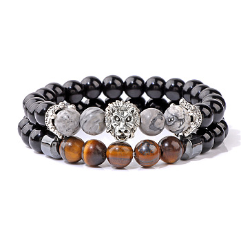 Natural Map Stone & Tiger Eye & Obsidian & Synthetic Hematite Stretch Bead Stretch Bracelets, with Lion Head for Men, 