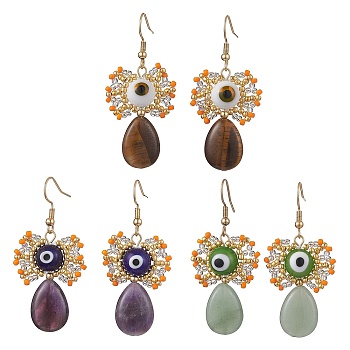 Natural Gemstone Dangle Earrings, with Glass Seed Beads and 304 Stainless Steel Earring Hooks, Teardrop with Evil Eye, 52x23mm, 3 pairs/set