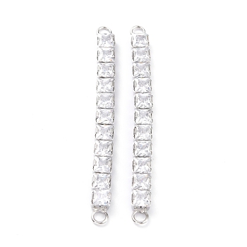Brass Clear Square Cubic Zirconia Links Connectors, Long-Lasting Plated, Rectangle, Real Platinum Plated, 56x5x4mm, Hole: 2.5mm