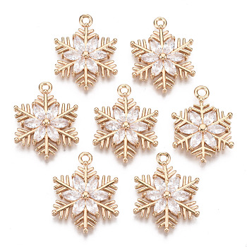 Christmas Brass Micro Pave Cubic Zirconia Links Connectors, Long-Lasting Plated, Snowflake, Light Gold, Clear, 21x16x3mm, Hole: 1.6mm