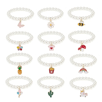 12Pcs 12 Style ABS Plastic Pearl Round Beaded Stretch Bracelets Set, Butterfly & Pineapple & Rainbow & Unicorn Alloy Enamel Charms Bracelets for Kid, Mixed Color, Inner Diameter: 2 inch(5cm), 1Pc/style