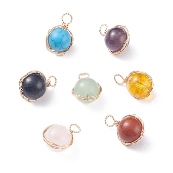 Natural & Synthetic Gemstone Charms, with Light Gold Tone Brass Wire Wrapped, Round, 14.5~15.5x9.5~10.5x8~8.5mm, Hole: 3mm