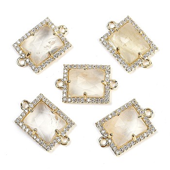 Natural Lemon Quartz Faceted Rectangle Links, Rack Plating Brass Micro Pave Clear Cubic Zirconia Connector Charms, Golden, 11.5x18x4.5mm, Hole: 1.4mm