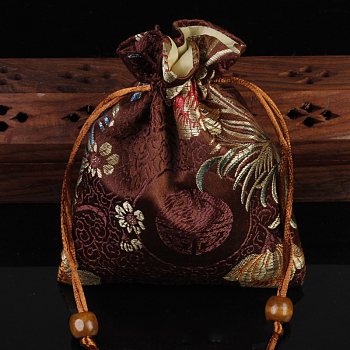 Chinese Style Flower Pattern Satin Jewelry Packing Pouches, Drawstring Gift Bags, Rectangle, Coconut Brown, 14x11cm