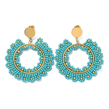 Woven Glass & Brass Beaded Donut Dangle Stud Earrings, with Vacuum Plating 304 Stainless Steel Pins, Dark Turquoise, 60x49mm