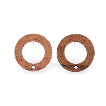 Walnut Wood Stud Earring, with 304 Stainless Steel Pin and Hole, Ring, Tan, 18mm, Hole: 1.6mm, Pin: 0.7mm