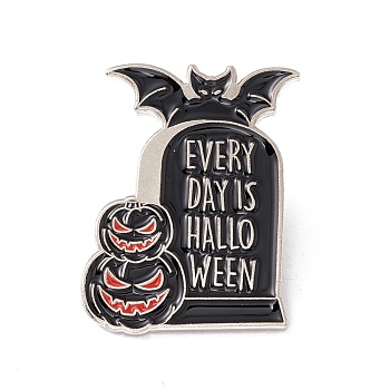 Word Every Day Is Halloween Enamel Pin, Bat Tombstone Alloy Badge for Backpack Clothes, Planinum, Black, 28x21x1.5mm Pin: 1mm