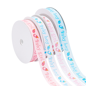 PandaHall Elite Baby Shower Ornaments Decorations Word Baby Printed Polyester Grosgrain Ribbons, Mixed Color, 5/8 inch(14mm), about 20yards/roll(18.29m/roll), 4 colors, 1roll/color, 4rolls/set