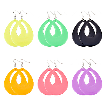 ANATTASOUL 6 Pairs 6 Style Acrylic Hollow Out Teardrop Dangle Earrings, Iron Long Drop Earrings for Women, Mixed Color, 79~80mm, Pin: 0.6mm, 1 pair/style 