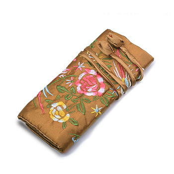 Retro Rectangle Silk Zipper Roll Pouches, Embroidery Flower Jewelry Storage Bags with Drawstring Rope, Camel, 20x9cm, Open: 27x20cm