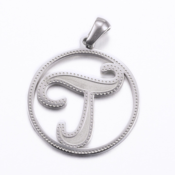 304 Stainless Steel Pendants, Flat Round with Letter, Stainless Steel Color, Letter.T, 28x25x1.2mm, Hole: 6x3.5mm
