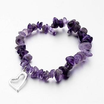 Alloy Charm Bracelets, Heart, with Natural Amethyst Chip Beads and Elastic Crystal Thread, Silver Color Plated, 2-1/4 inch(55mm)