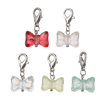 Glass Bowknot Pendant Decorations, with Alloy Lobster Claw Clasps, Platinum, 24mm