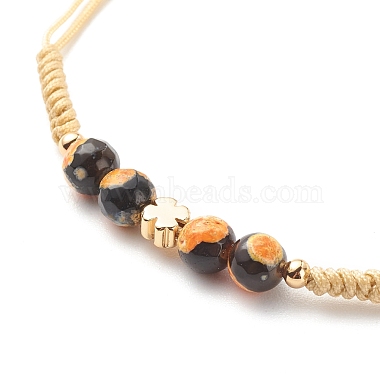 Natural Agate & Brass Clover Beaded Cord Bracelet(BJEW-JB08366-01)-4