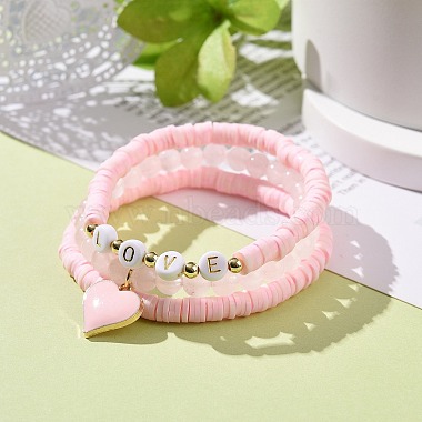3Pcs 3 Style Natural Rose Quartz & Acrylic Word Love Beaded Stretch Bracelets Set with Alloy Enamel Heart Charms(BJEW-JB08924-02)-2