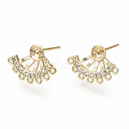 Brass Micro Pave Clear Cubic Zirconia Stud Earring Findings, for Half Drilled Beads, with Loop, Nickel Free, Real 18K Gold Plated, 10.5x15.5mm, Hole: 0.8mm, Pin: 0.7mm, pin: 0.7mm(for half drilled beads)(KK-S360-007-NF)