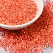 6/0 Transparent Glass Seed Beads, Inside Colours, Round Hole, Round, Orange Red, 3.5~4x3mm, Hole: 2mm, about 450g/bag(SEED-F003-03A-11)
