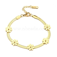 Vacuum Plating 304 Stainless Steel Flower Link Bracelet with Herringbone Chains for Girl Women, Golden, 7-1/4 inch(18.3cm)(BJEW-Z016-02G)