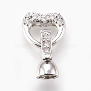 Brass Micro Pave Cubic Zirconia Fold Over Clasps, Heart, Clear, Real Platinum Plated, 18mm, Inner: 4mm(KK-P164-07P)