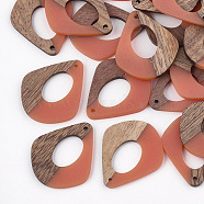 Resin & Walnut Wood Pendants, Two Tone, teardrop, Dark Salmon, 32.5x27.5x2.5~4mm, Hole: 1.5mm(RESI-S358-06E)