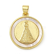 Rack Plating Brass Pave Shell Flat Round Pendants, Real 18K Gold Plated, Lead Free & Cadmium Free, Long-Lasting Plated, Bell, 22.5x20x4mm, Hole: 6x3.5mm(KK-Z063-11G-02)