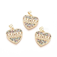 Brass Micro Pave Cubic Zirconia Pendants, Heart with Word MOM, For Mother's Day, Colorful, Golden, 19x18.5x2.5mm, Hole: 3.5x4.5mm(X-ZIRC-G152-20G)