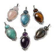 Natural Mixed Stone Pendants, Teardrop Charms with Rack Plating Platinum Tone Brass Findings, Cadmium Free & Lead Free, 43.5x22x7.8mm, Hole: 3.2x5.3mm(G-C096-04P)