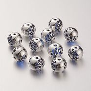 K9 Glass Beads, Covered with Brass, Round with Flower Pattern, 925 Sterling Silver Plated, Medium Blue, 10.2x9.2mm, Hole: 1.5mm(GLAA-G067-04S-05)