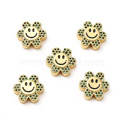 Rack Plating Brass Cubic Zirconia Beads, with Enamel, Real 18K Gold Plated, Long-Lasting Plated, Cadmium Free & Lead Free, Flower with Smiling Face, Dark Green, 13x14x5mm, Hole: 1.5mm(KK-M232-01G-C)