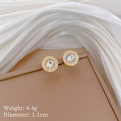 304 Stainless Steel & Clear Cubic Zirconia Stud Earrings, Flat Round, Golden, 11mm(WGC0EA3-03)