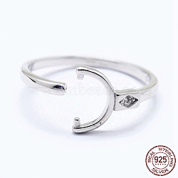 Adjustable Rhodium Plated 925 Sterling Silver Cuff Finger Ring Components, For Half Drilled Beads, with Cubic Zirconia, Clear, Platinum, Size: 6, 16mm, Tray: 6x3mm, Pin: 0.8mm(STER-I016-045P)
