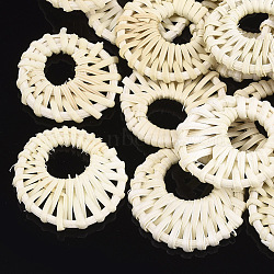 Handmade Reed Cane/Rattan Woven Pendants, For Making Straw Earrings and Necklaces, Flat Round, Lemon Chiffon, 38~48x5mm, Hole: 16~20mm(WOVE-T005-09B)