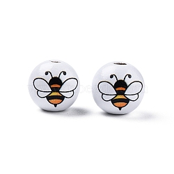 Bees Theme Printed Wooden Beads, Round, White, Bees Pattern, 15.5~16x15mm, Hole: 3.5mm(WOOD-D006-05A)