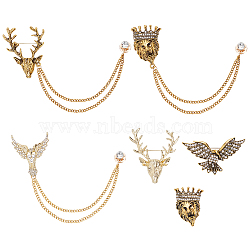 6Pcs 6 Style Lion & Eagle & Deer Rhinestone Safety Pin Brooches, Alloy Hanging Chain Badges for Suit Shirt Collar, Mixed Color, 38~175mm, 1Pc/style(JEWB-WR0001-01)