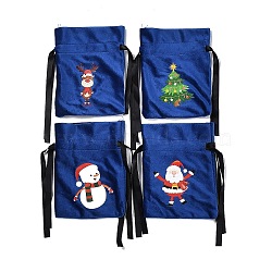 Christmas Theme Velvet Packing Pouches, Drawstring Bags, Rectangle with Deer/Santa Claus/Christmas Tree/Snowman Pattern, Dark Blue, 16.5x12.5cm, 4 style, 1pc/style, 4pcs/set(ABAG-G013-01B)