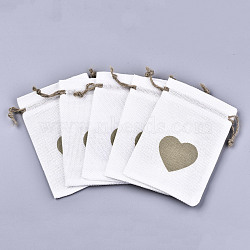 Burlap Packing Pouches Drawstring Bags, with Heart Pattern, Olive, 5-1/2x4 inch(14x10cm)(ABAG-Q052-02B)