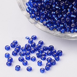 8/0 Glass Seed Beads, Silver Lined Round Hole, Round, Blue, 3mm, Hole: 1mm, about 1097pcs/50g(X-SEED-A005-3mm-28)