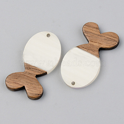 Opaque Resin & Walnut Wood Pendants, Fish, Floral White, 38x22x3mm, Hole: 2mm(RESI-S389-053A-C04)