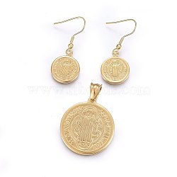 304 Stainless Steel Jewelry Sets, Pendants and Earrings, Saint Benedict Medal, Flat Round, Golden, 31x28x2mm, Hole: 8x5mm, 39x15x2mm, Pin: 0.8mm(SJEW-H141-32G)