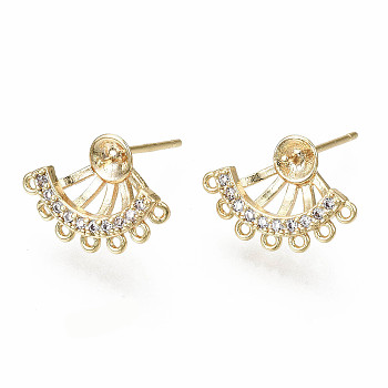 Brass Micro Pave Clear Cubic Zirconia Stud Earring Findings, for Half Drilled Beads, with Loop, Nickel Free, Real 18K Gold Plated, 10.5x15.5mm, Hole: 0.8mm, Pin: 0.7mm, pin: 0.7mm(for half drilled beads)