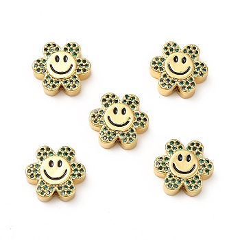 Rack Plating Brass Cubic Zirconia Beads, with Enamel, Real 18K Gold Plated, Long-Lasting Plated, Cadmium Free & Lead Free, Flower with Smiling Face, Dark Green, 13x14x5mm, Hole: 1.5mm