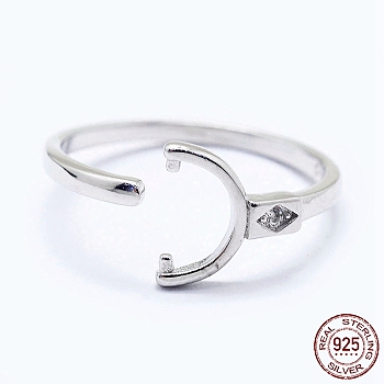 Adjustable Rhodium Plated 925 Sterling Silver Cuff Finger Ring Components, For Half Drilled Beads, with Cubic Zirconia, Clear, Platinum, Size: 6, 16mm, Tray: 6x3mm, Pin: 0.8mm