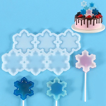 DIY Snowflake Lollipop Making Food Grade Silicone Molds, Candy Molds, for Edible Cake Topper Making, 6 Cavities, Christmas Theme, White, 100x175x4mm, Inner Diameter: 50x42.5mm, Fit for 2mm Stick