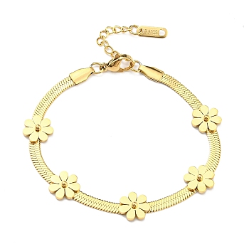 Vacuum Plating 304 Stainless Steel Flower Link Bracelet with Herringbone Chains for Girl Women, Golden, 7-1/4 inch(18.3cm)