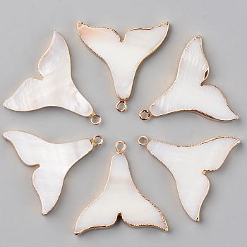 Natural Freshwater Shell Pendants, with Brass Loops, Edge Golden Plated, Fishtail, Seashell Color, 26.5~28x28x3.5mm, Hole: 1.8mm