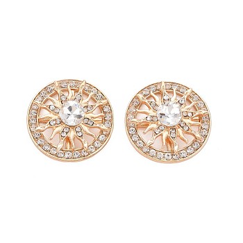 Rack Plating Alloy Crystal Rhinestone Cabochons, with Clear Glass, Faceted, Cadmium Free & Lead Free, Flat Round with Rotatable Sunflower, Light Gold, 28x9mm