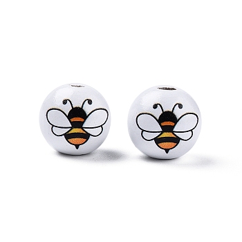 Bees Theme Printed Wooden Beads, Round, White, Bees Pattern, 15.5~16x15mm, Hole: 3.5mm