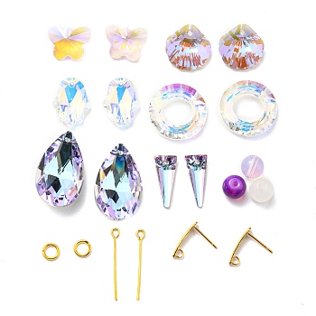 DIY Bling Drop Earring Making Kit, Including Butterfly & Shell & Teardrop & Triangle Glass Pendants & Linking Rings & Beads, Rhombus & Bar 304 Stainless Steel Stud Earring Finding, Golden, 122Pcs/box